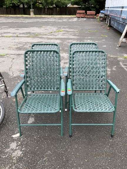 Set of Four Green Folding Patio Chairs with Poly Woven Seat and Backrest