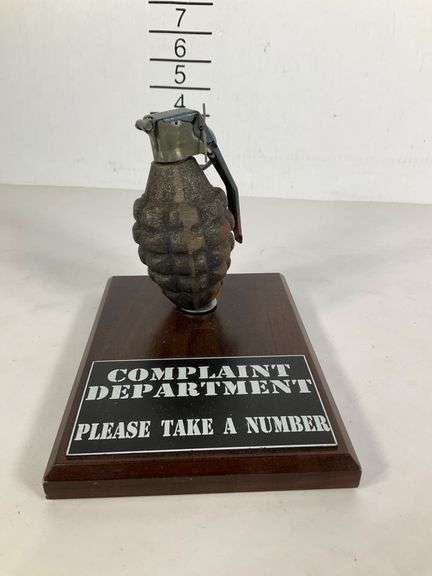 Display Piece Featuring Grenade Replica on Wooden Base with ‘Complaint ...