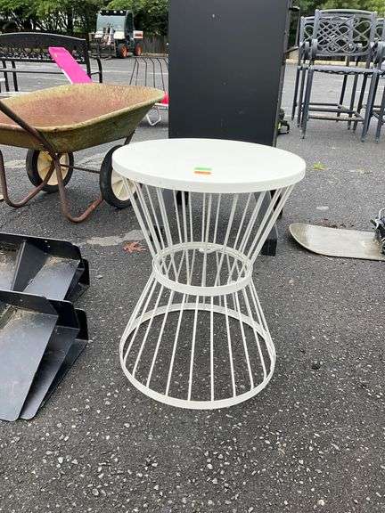 White Metal Hourglass Side Table, 16”dia x 21”H