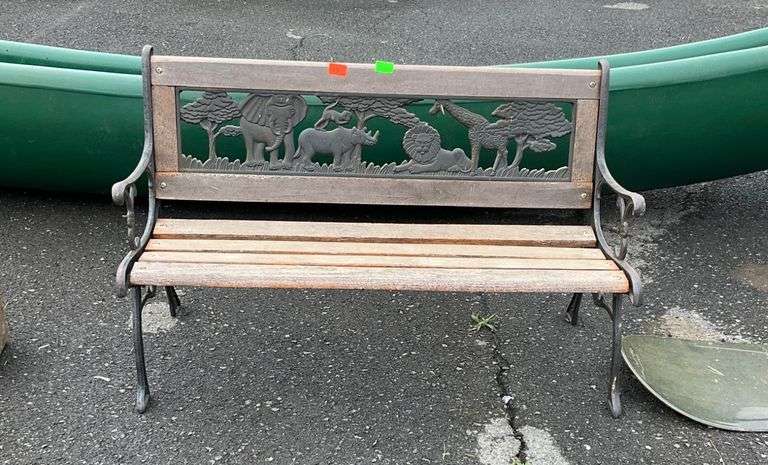Child/Doll Bench with Animal Motif Backrest and Metal Accents