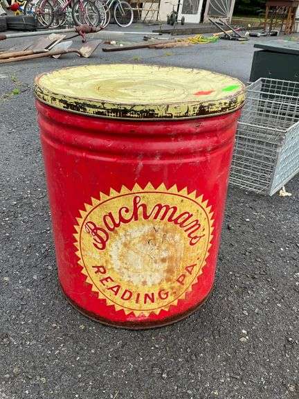 Red Decorative Tin with ‘Bachman’s Reading PA’ Design, 14”H x 12”Dia