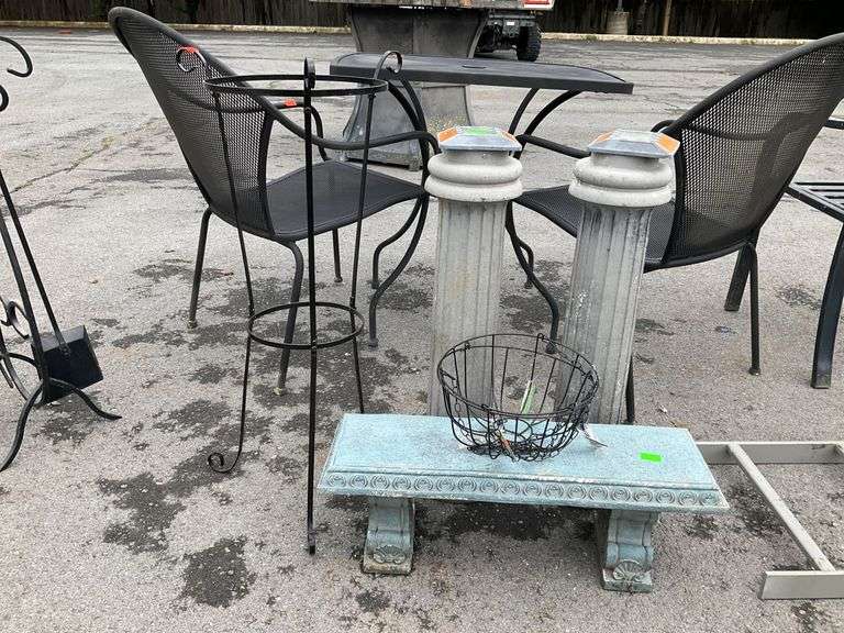 Resin Decorative Bench with Resin Pedestals and Metal Plant Stand