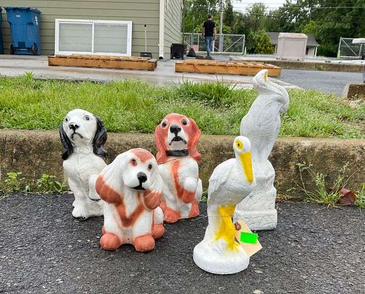 Cement Garden Figurines Featuring Dogs and Birds