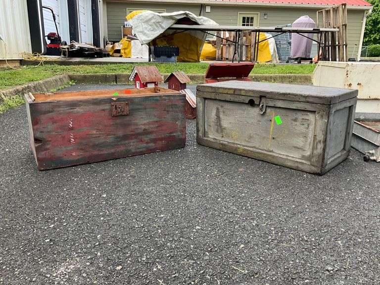Two Wooden Boxes with Painted Exteriors, One with Latch and Lid