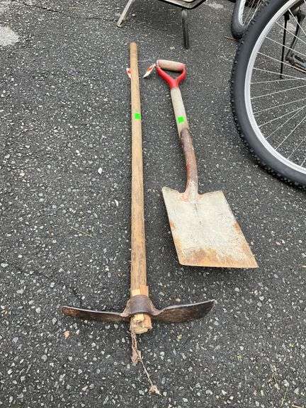 Shovel with Red Handle and Pickaxe Tool