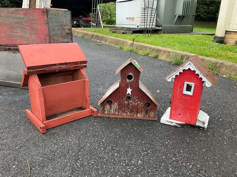 Three Decorative Birdhouses with Painted Exteriors