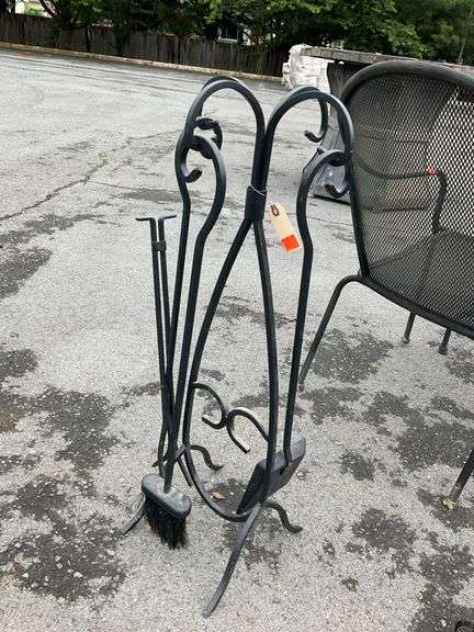 Black Metal Fireplace Tool Set With Stand, Missing One Tool