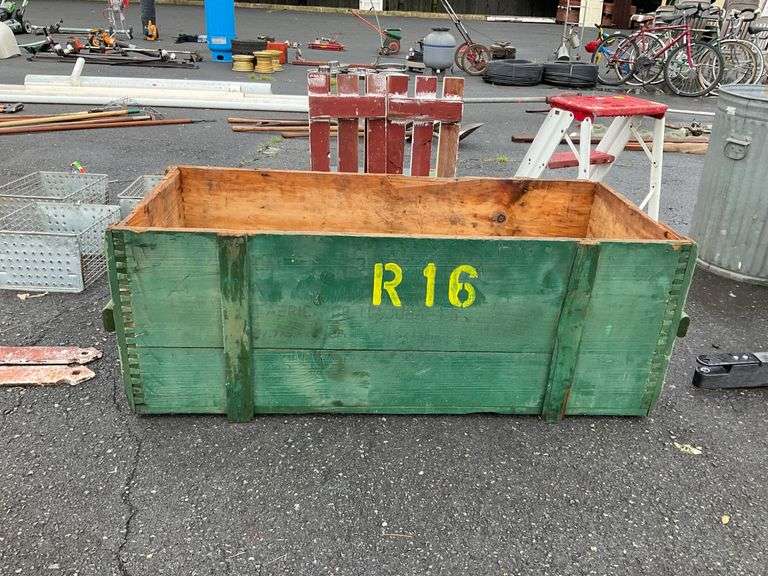 Green Painted Wooden Crate Marked ‘R16’, 46”L x 20”W