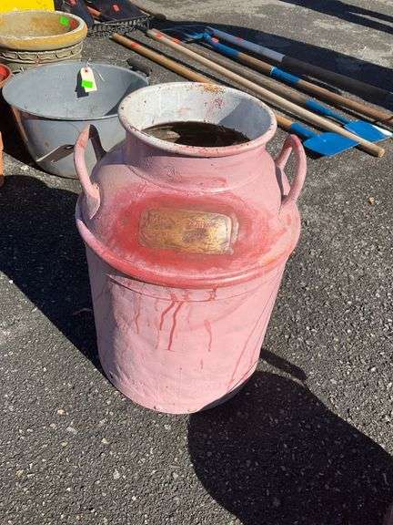 Red Metal Milk Can with Handle and Embossed Brass Plaque, 19″H
