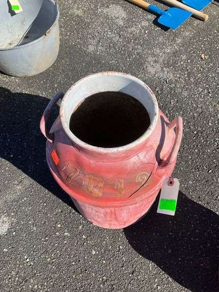 Red Metal Milk Can with Handle and Embossed Brass Plaque, 19″H