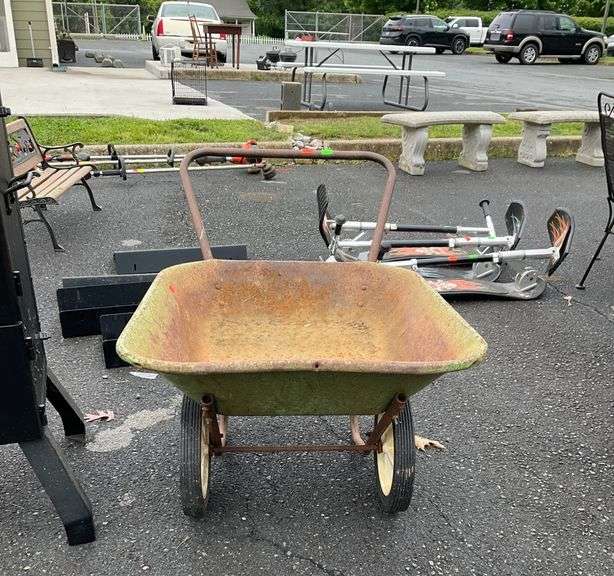 Two-Wheeled Wheelbarrow with Metal Hopper and Tubular Frame