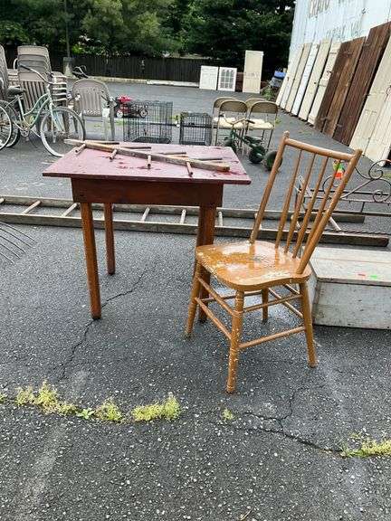 Wood Work Table with Square Top and Spindle-Back Chair