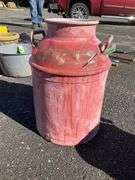 Red Metal Milk Can with Handle and Embossed Brass Plaque, 19″H