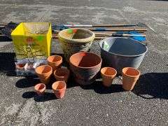 Assorted Clay Planters, Metal Pot, and Decorative Foam Planter Set