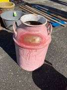 Red Metal Milk Can with Handle and Embossed Brass Plaque, 19″H