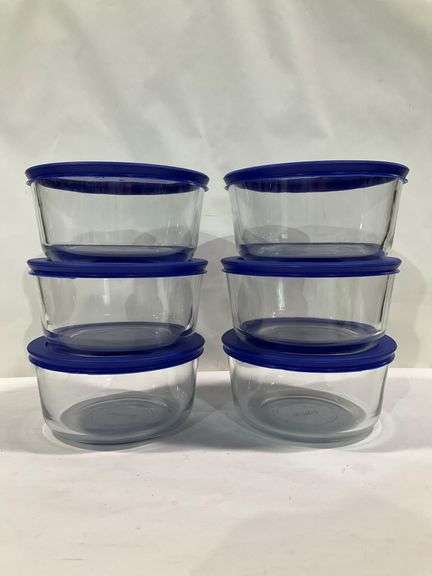 Six Pyrex Glass Containers with Blue Plastic Lids - Hash Auctions