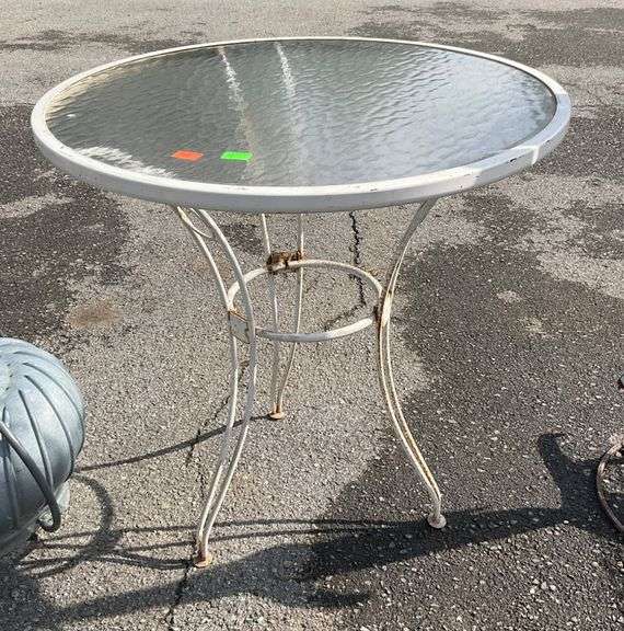 Glass Top Patio Table With Metal Base, 28” Diameter