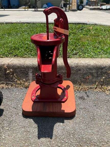 Red Cast Iron Hand Water Pump on Wooden Base, 16″H