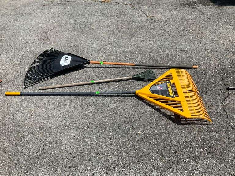 Three Garden Rakes Including Blue Hawk and True Temper Models