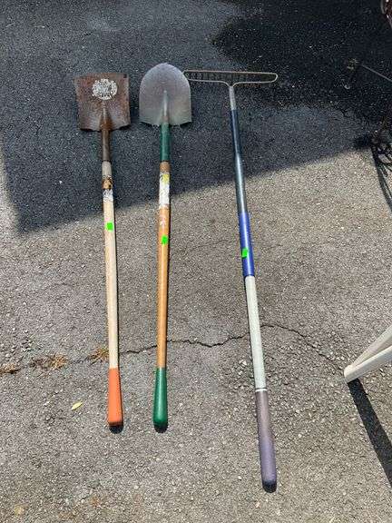 Gravel Rake and Two Metal Head Shovels with Wooden Handles