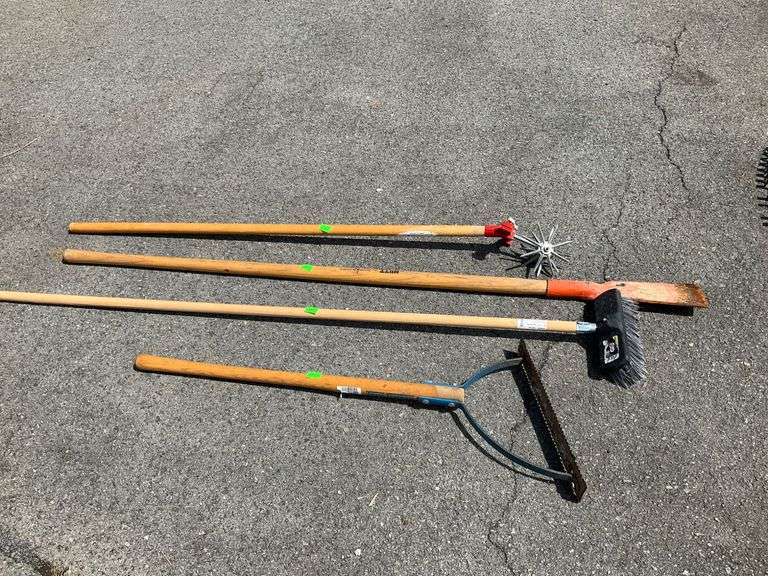 Lawn and Garden Tools Including Broom, Grass Cutter, and Spade