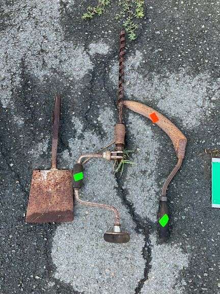 Rustic Manual Drill, Spatula, and Wooden Handle Hand Scythe Set
