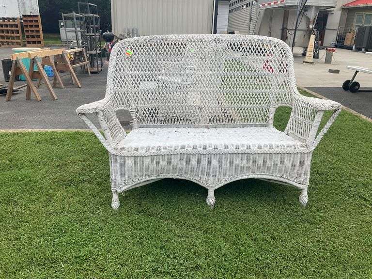 White Painted Wicker Loveseat with Decorative Openwork Design