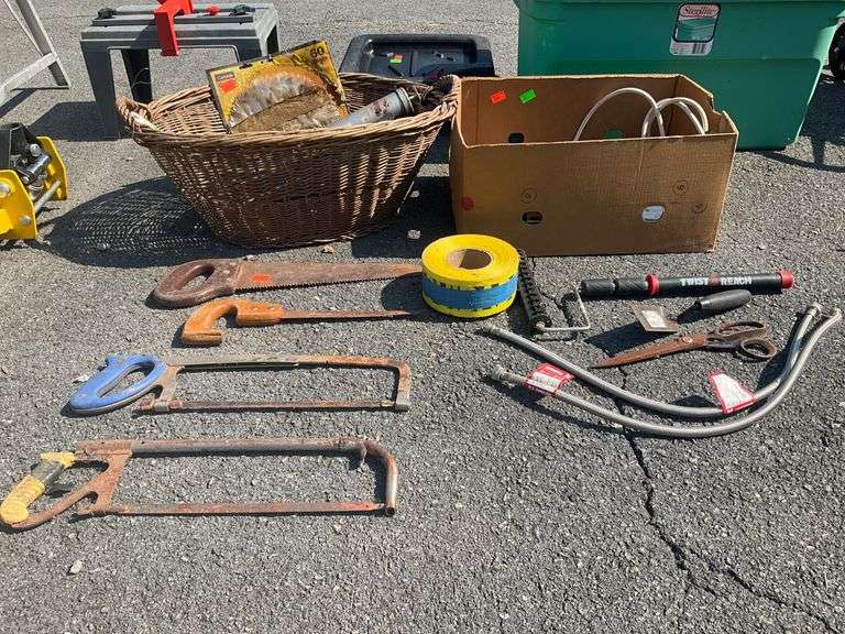 Wicker Basket and Cardboard Box Containing Assorted Tools