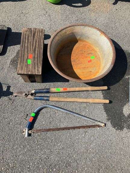 Large Metal Bowl, Bow Saw, Wooden Handle Limb Loopers, and Step Stool