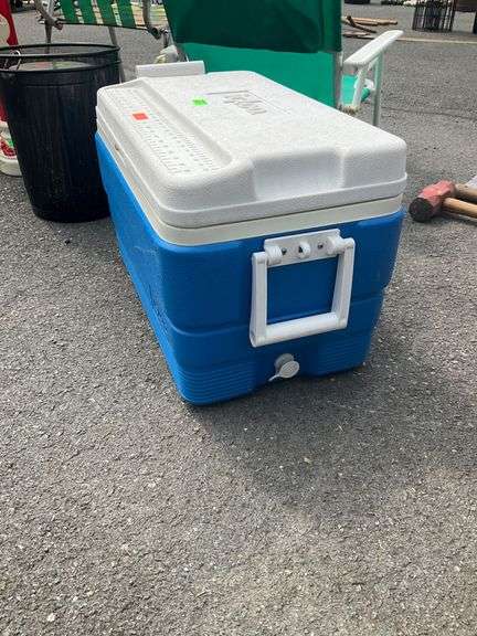 Blue and White Plastic Cooler with Lid and Handles