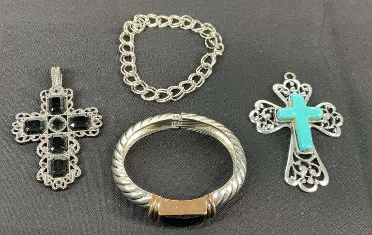 Costume jewelry, two cross pendants and two bracelets