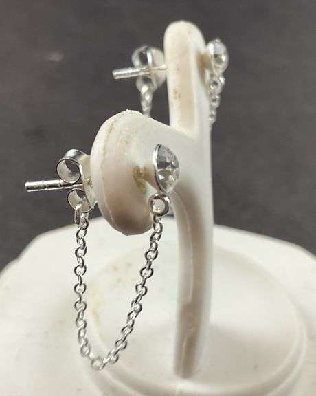 Sterling silver round white crystal with chain stud earrings .70g