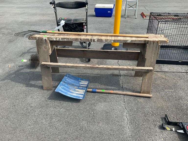 Wooden Sawhorse, Plastic Head Shovel with Wooden Handle, Metal Head Rake, and Chimney Sweep Brush