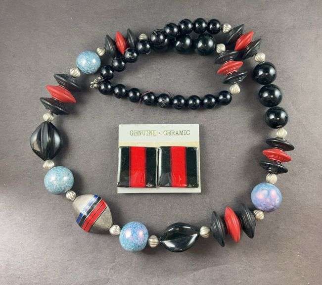 Costume Jewelry Ceramic Beaded Necklace And Earrings Also Ceramic Blues Black And Red