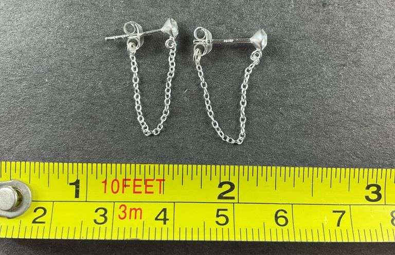 Sterling silver round white crystal with chain stud earrings .70g