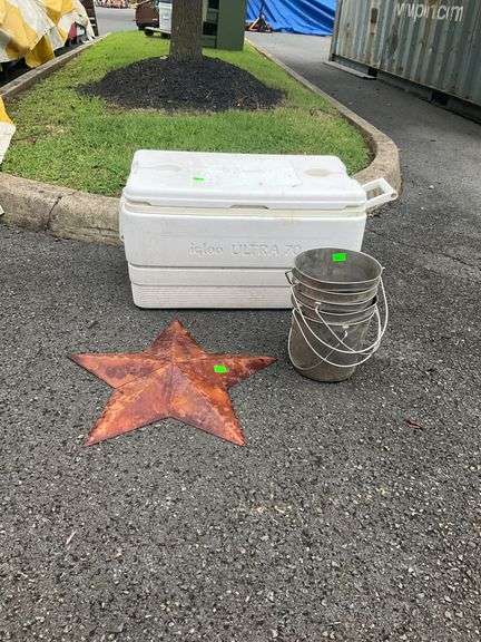 Igloo Cooler, Metal Barn Star, and Galvanized Buckets with Handles