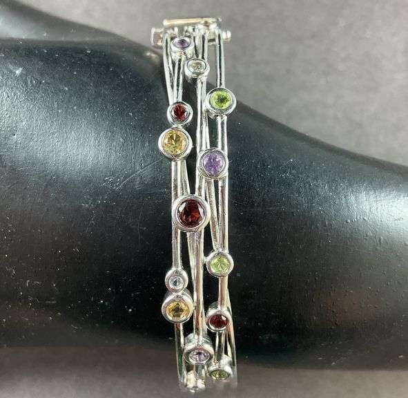 Bangle Bracelet With Multi Stones With A Clasp 20.3 grams Sterling Silver size 2 "