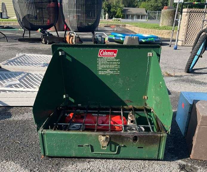 Coleman Two-Burner Stove with Green Metal Case