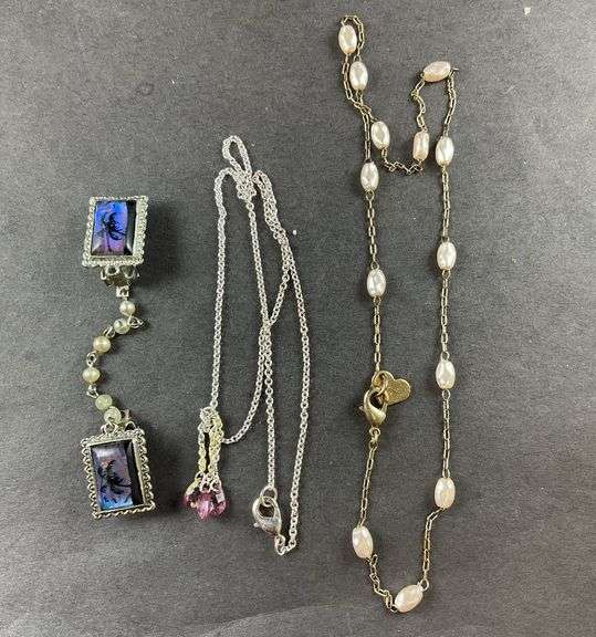 Two Necklaces One With Pearls(Barbie) One With Three Tiny Amber Beads/ Sweater Clip Made From Earrings