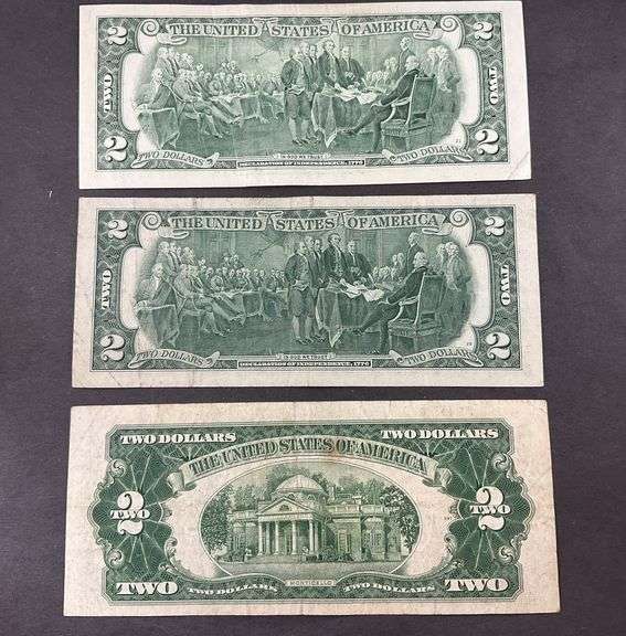 1953C $2 red seal, 1976 $2 green seal, and a 2003A $2 green seal