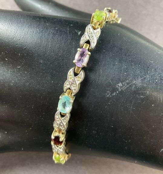 Multi Stone Gold Tone Silver Bracelet 11 grams Sterling Silver size 7.5"