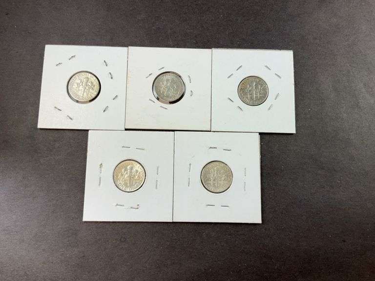 Five silver Roosevelt dimes 1954, 1954S, 1956D, 1964, and 1964D