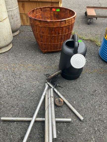Wicker Basket, Plastic Watering Can, and Metal Wind Chimes Lot