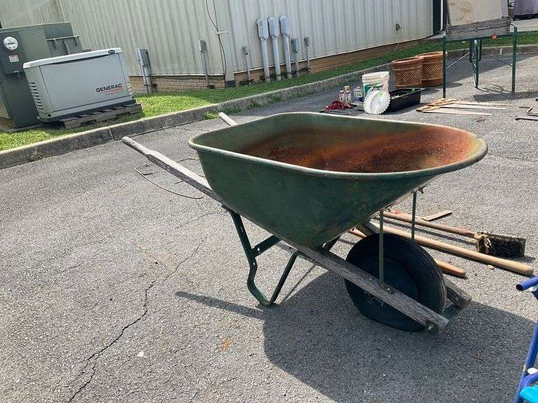 True Temper Wheelbarrow with Two Wooden Handles and Pneumatic Tire