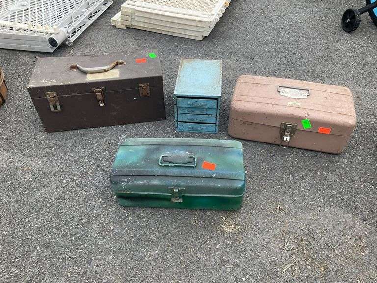 Two Metal Toolboxes, Four-Drawer Organizer, and Fishing Toolbox