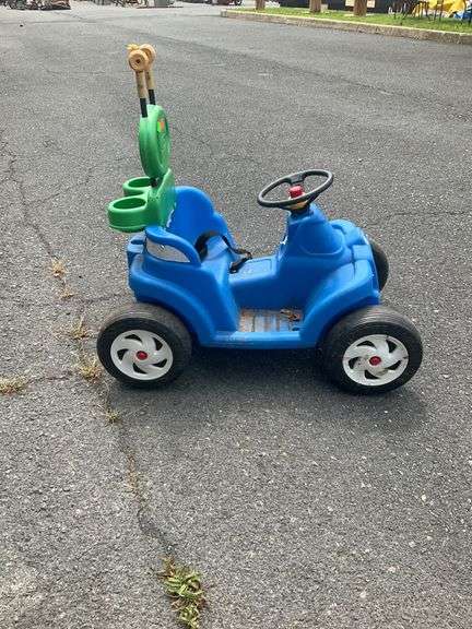 Blue Plastic Ride-On Toy Car with Steering Wheel and Rear Handle