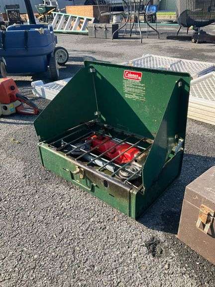 Coleman Two-Burner Stove with Green Metal Case