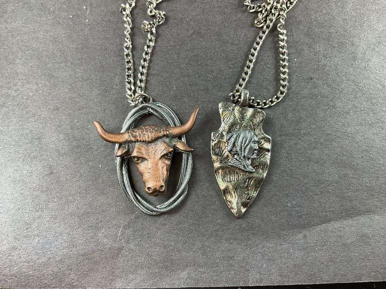 Two Men's Necklaces One Bull With Horns And Arrow Head With Indian