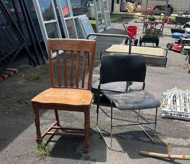Two Chairs Including Wooden Slatted and Metal-Framed Chair
