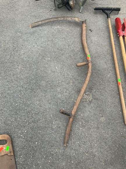 Two-Handed Scythe with Curved Wooden Handle